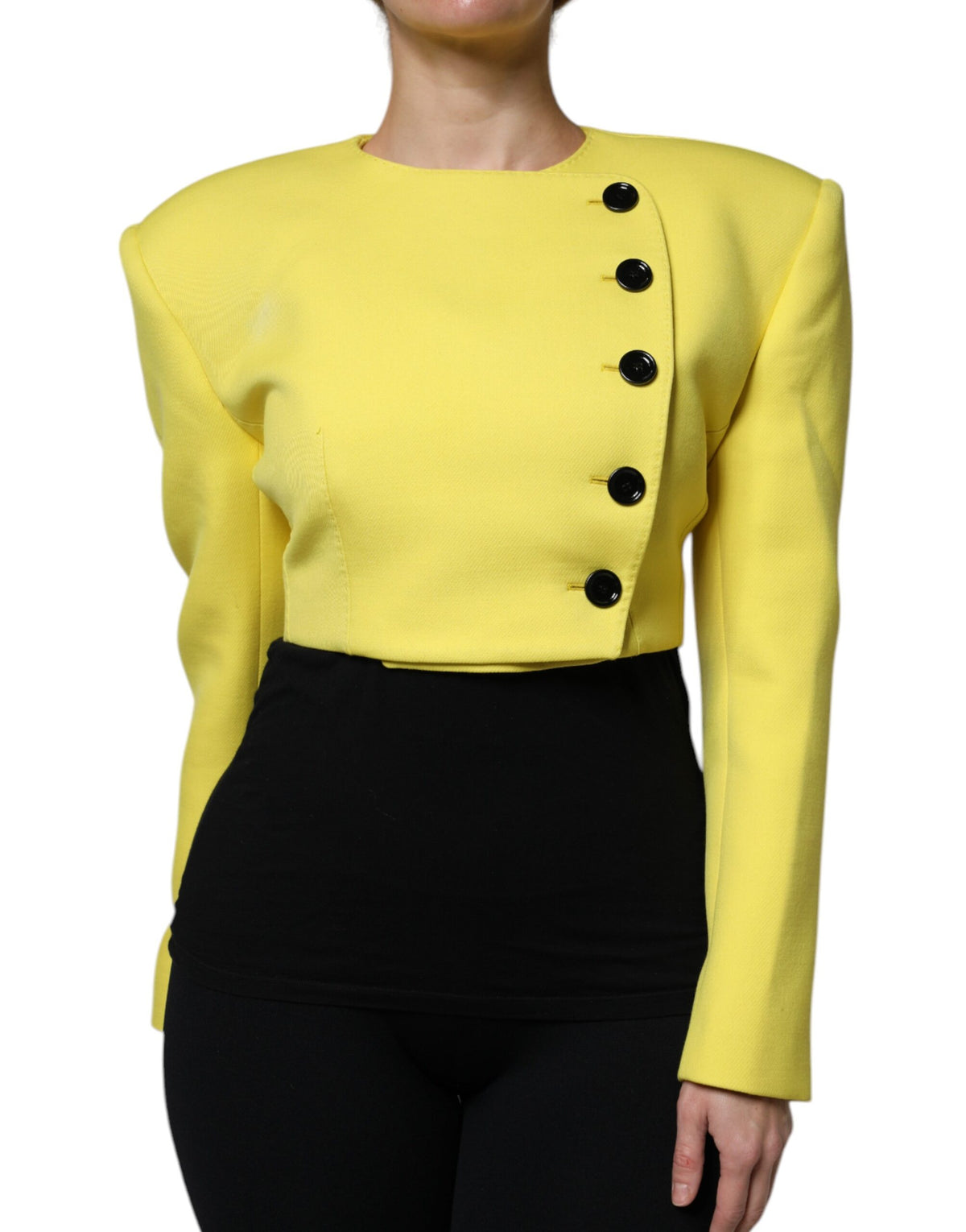 Elevate your wardrobe with the Dolce & Gabbana Lemon Yellow Wool Long Sleeves Cropped Coat Jacket, a masterpiece of Italian craftsmanship that embodies luxury and sophistication.