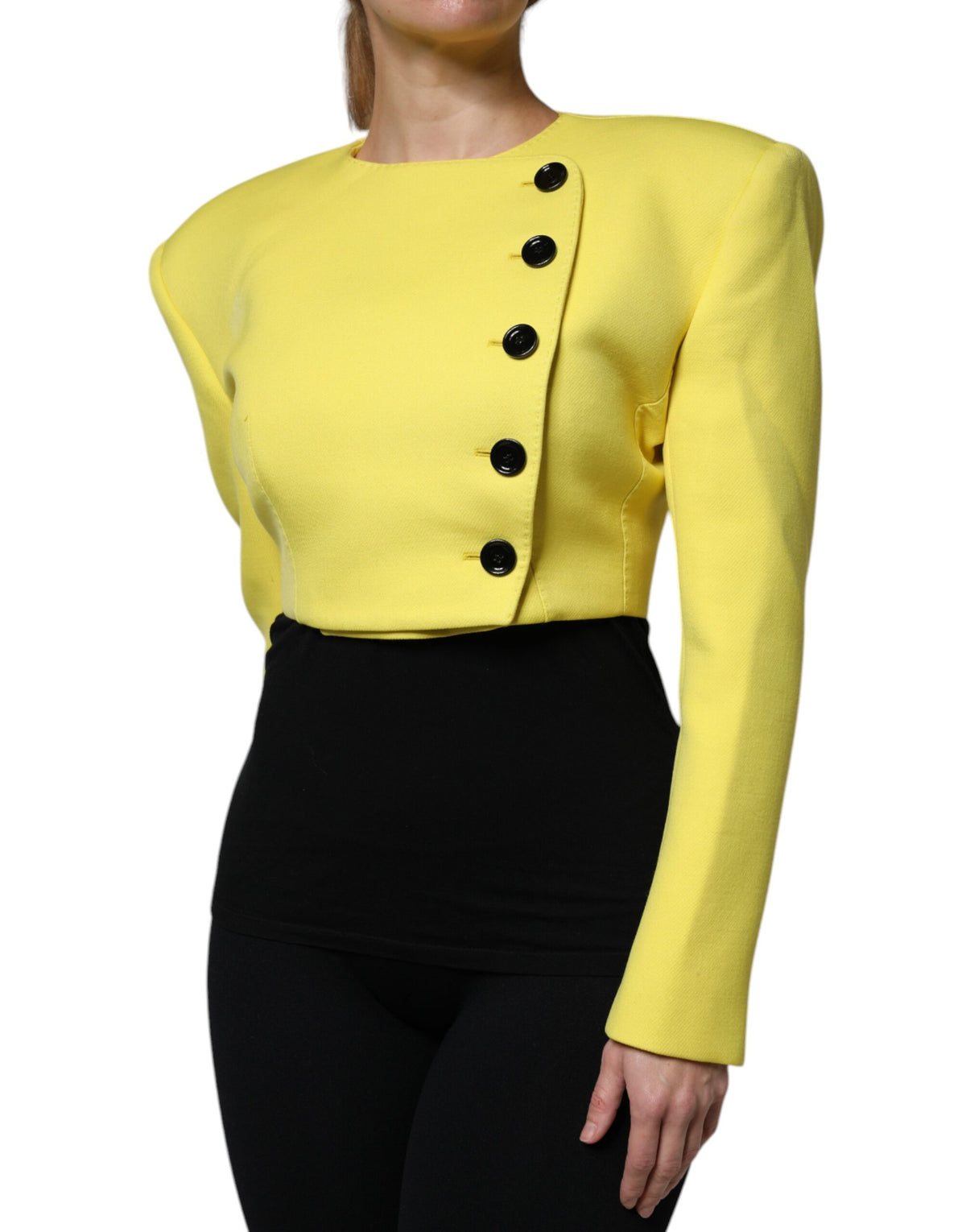 Elevate your wardrobe with the Dolce & Gabbana Lemon Yellow Wool Long Sleeves Cropped Coat Jacket, a masterpiece of Italian craftsmanship that embodies luxury and sophistication.