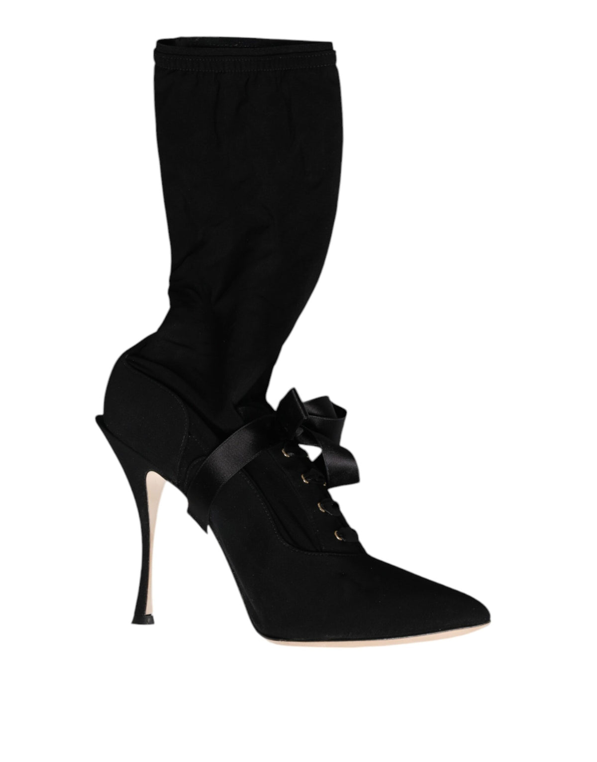 Elevate your style with Dolce & Gabbana's Black Stiletto Heels Mid Calf Boots, crafted from luxurious lambskin leather, embodying timeless elegance and exquisite craftsmanship.