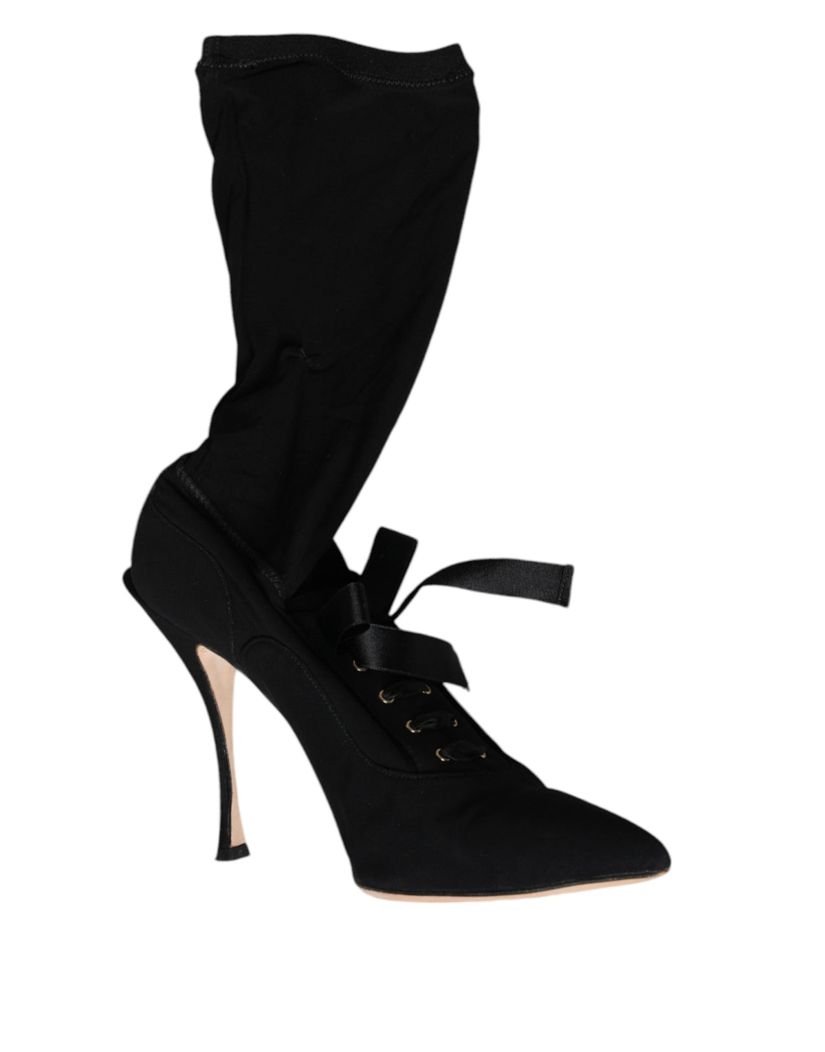 Indulge in the exquisite allure of Dolce & Gabbana's Black Stiletto Heels Mid Calf Boots, crafted from sumptuous lambskin leather for the discerning individual.