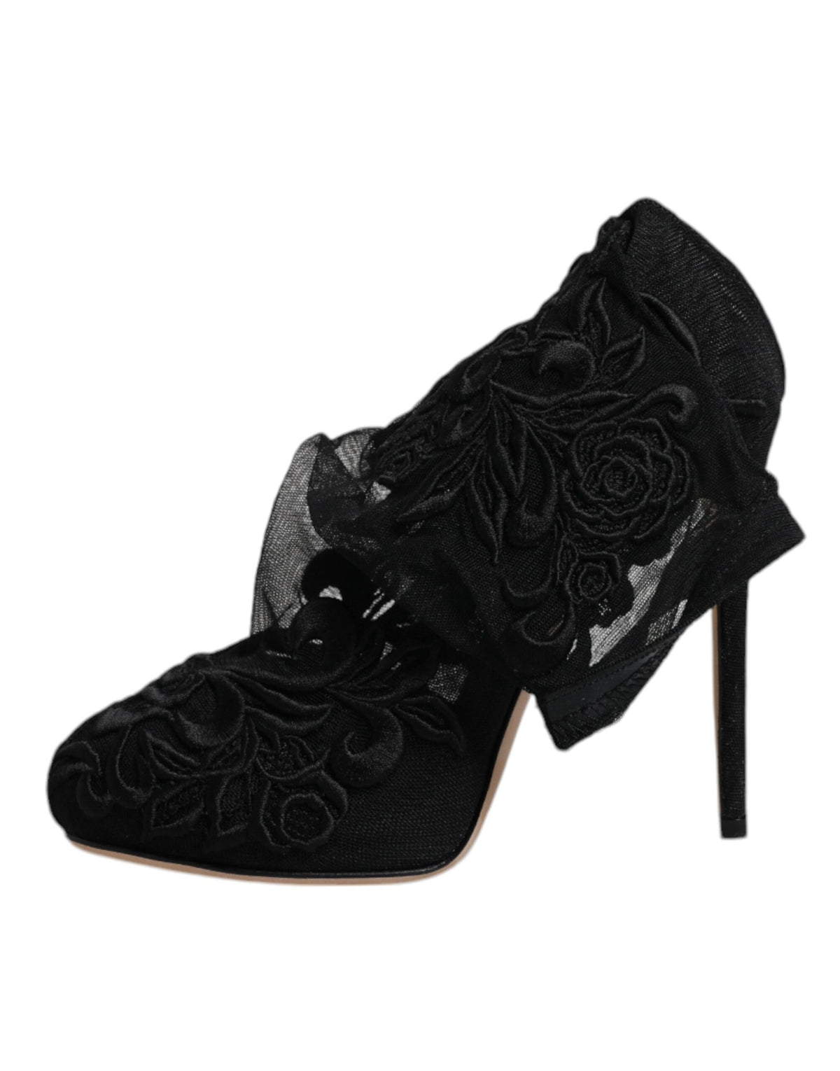 Step into a world of elegance with Dolce & Gabbana's Black Tulle Stretch Heels, crafted in Italy from premium nylon, embodying luxury and sophistication for every occasion.