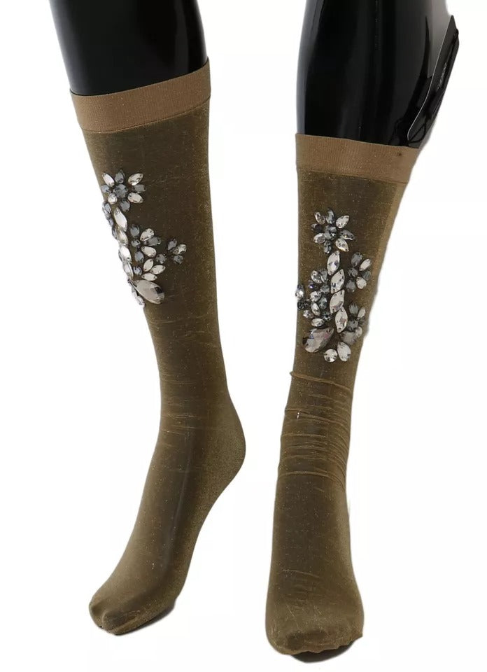 Elevate your style with Dolce & Gabbana Gold Stretch Floral Clear Crystal Stocking Socks, where exquisite craftsmanship meets opulent design, perfect for the discerning individual.