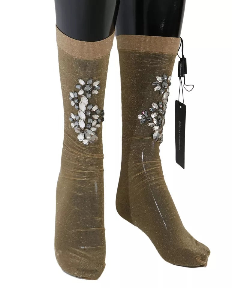 Elevate your style with Dolce & Gabbana Gold Stretch Floral Clear Crystal Stocking Socks, a luxurious blend of craftsmanship and opulence, perfect for any sophisticated occasion.