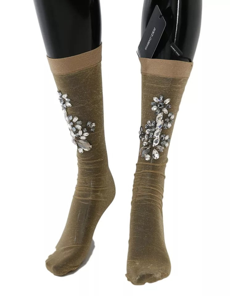 Indulge in the exquisite Dolce & Gabbana Gold Stretch Floral Clear Crystal Stocking Socks, where opulent design meets unparalleled craftsmanship for a luxurious statement.