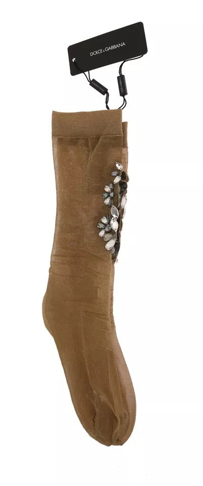 Elevate your style with Dolce & Gabbana Gold Stretch Floral Clear Crystal Stocking Socks, a luxurious blend of exquisite craftsmanship and opulent design, perfect for the discerning individual.