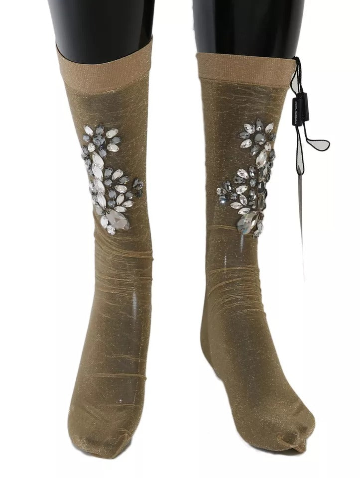 Indulge in the exquisite Dolce & Gabbana Gold Stretch Floral Clear Crystal Stocking Socks, where opulent design meets unparalleled craftsmanship, elevating every ensemble with a touch of luxury.