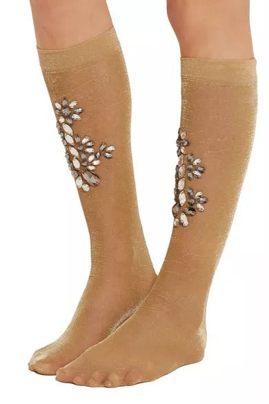 Elevate your style with Dolce & Gabbana Gold Stretch Floral Clear Crystal Stocking Socks, a luxurious blend of exquisite craftsmanship and opulent design, perfect for the discerning individual.