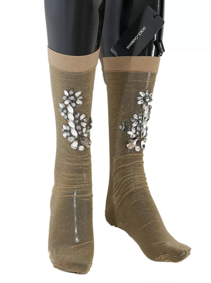Elevate your elegance with Dolce & Gabbana Gold Stretch Floral Clear Crystal Stocking Socks, a luxurious blend of craftsmanship and opulence that transforms every ensemble.