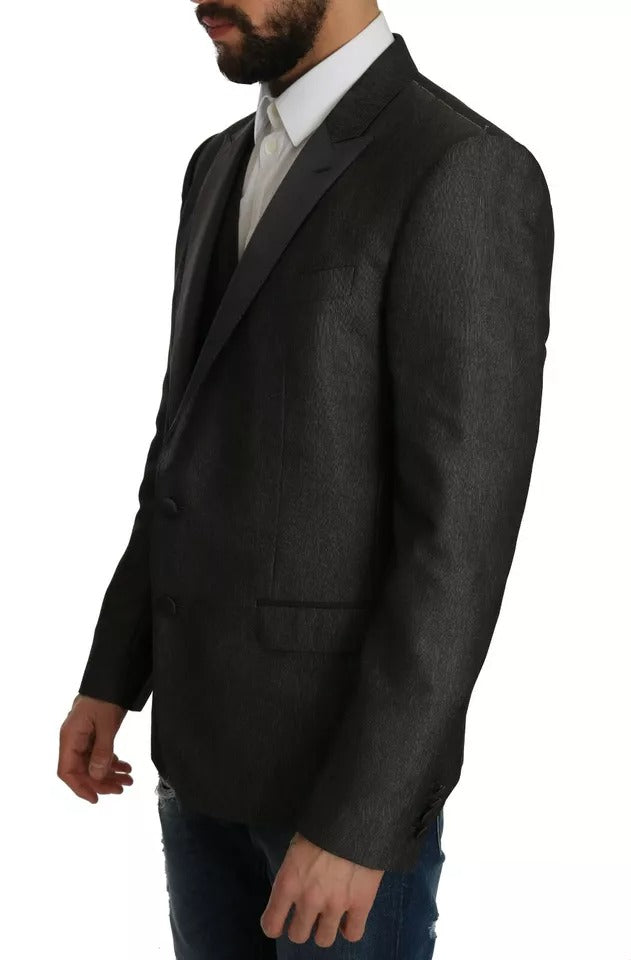Elevate your wardrobe with the Dolce & Gabbana Gray MARTINI 2 Piece Vest Coat Blazer, a masterpiece of silk and wool that embodies timeless elegance and sophisticated allure.