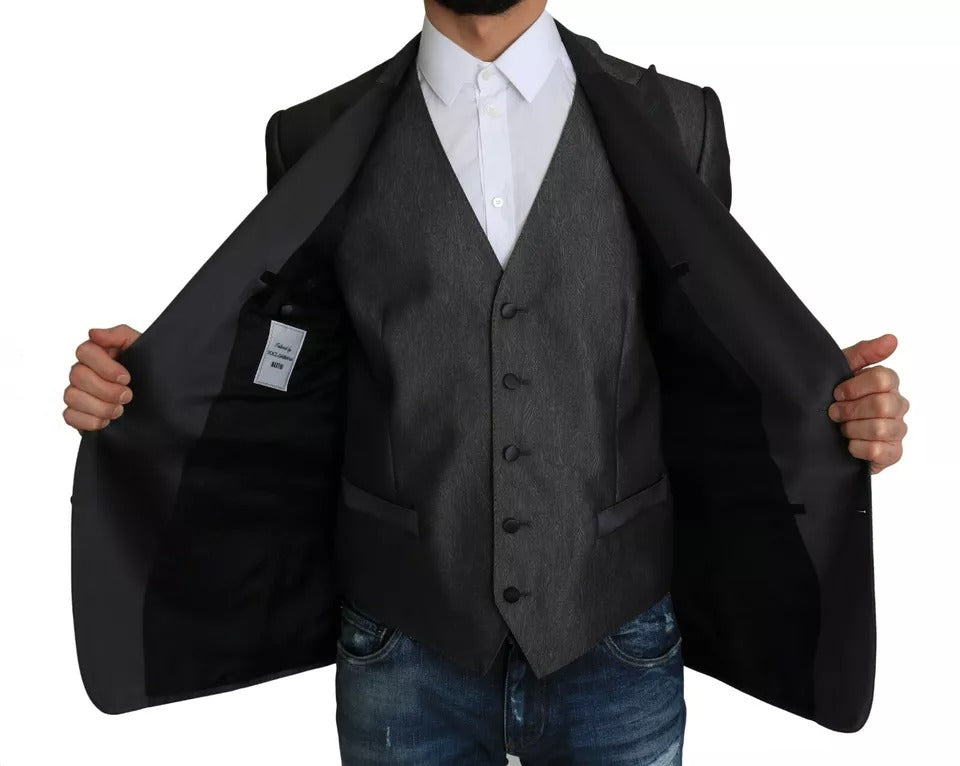 Elevate your wardrobe with the Dolce & Gabbana Gray MARTINI 2 Piece Vest Coat Blazer, a masterpiece of silk and wool, embodying timeless elegance and Italian artistry.