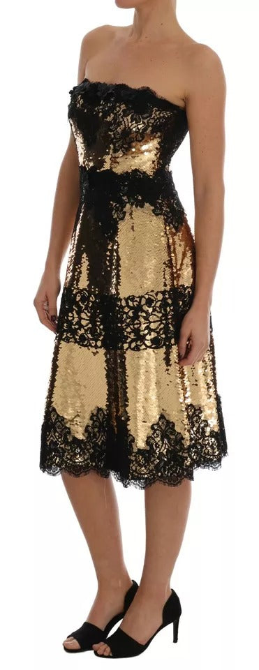 Indulge in the exquisite Dolce & Gabbana Gold Strapless Sequin Embellished Lace Dress, a masterpiece of haute couture that embodies luxury and sophistication for unforgettable moments.