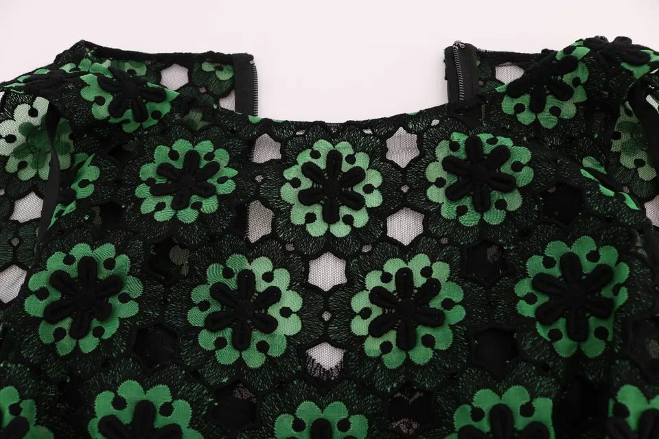 Discover the Dolce & Gabbana Green Floral Ricamo A-Line Shift Dress, a masterpiece of Italian craftsmanship, blending luxurious silk and cotton for timeless elegance.