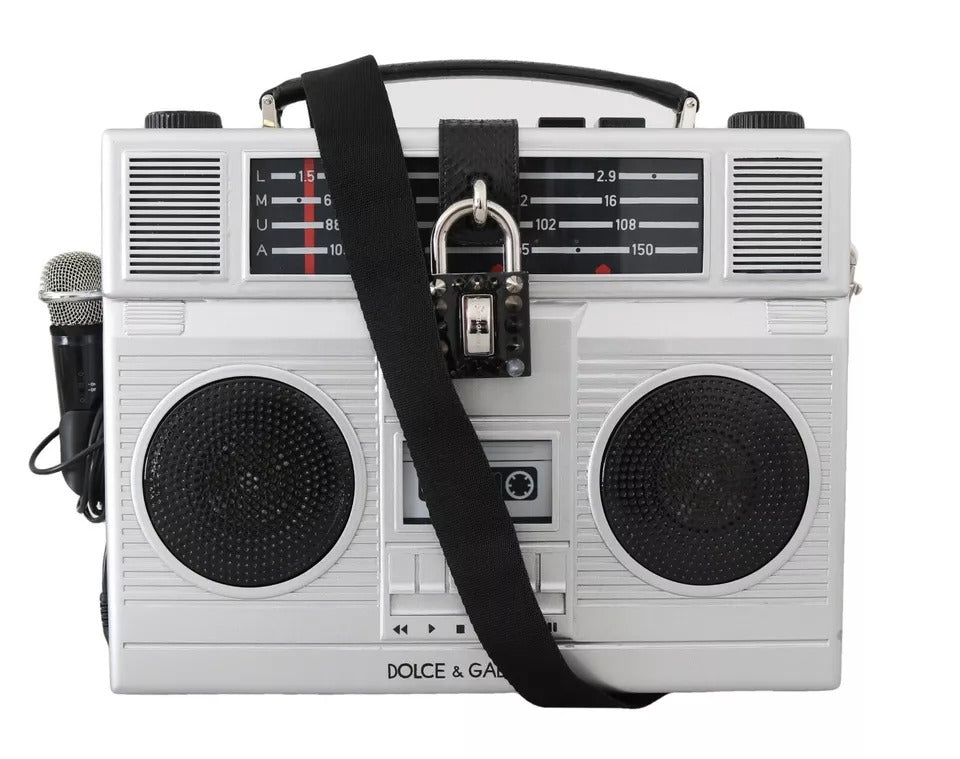 Indulge in the exquisite Dolce & Gabbana Silver Retro Radio Boombox, a limited edition masterpiece of artisanal craftsmanship in luxurious wood and leather, embodying timeless elegance.