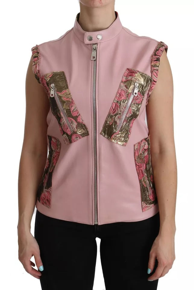 Indulge in the exquisite Dolce & Gabbana Pink Leather Sleeveless Vest Jacket, a timeless piece of haute couture crafted from sumptuous lamb leather, embodying elegance and sophistication.