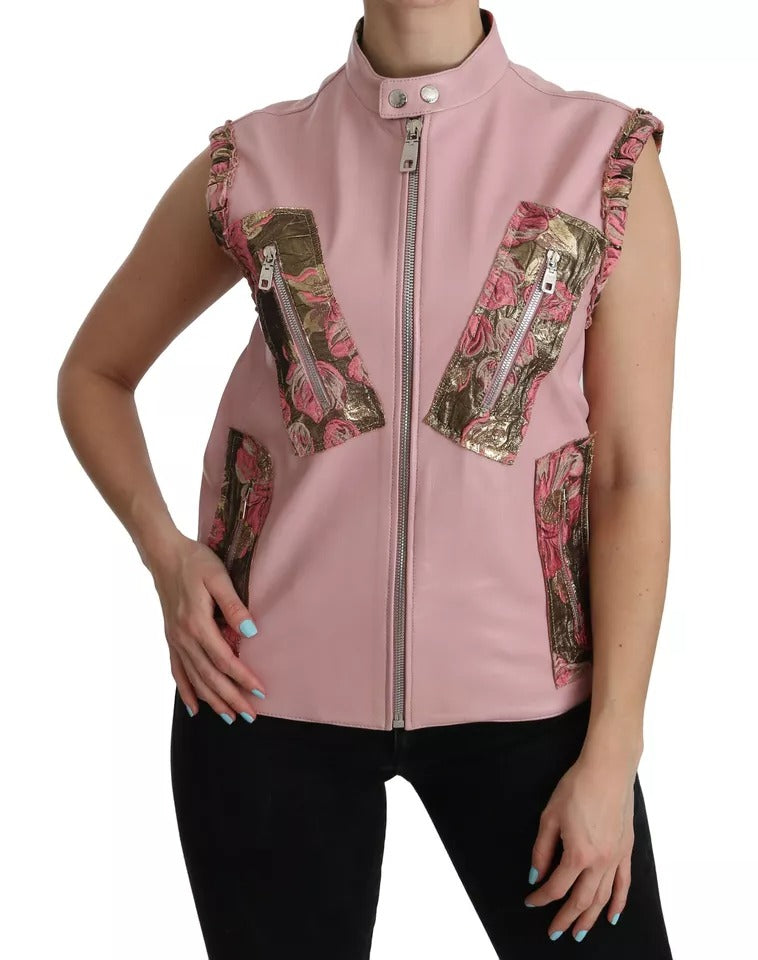 Indulge in the exquisite allure of the Dolce & Gabbana Pink Leather Sleeveless Vest Jacket, crafted from luxurious lamb leather, embodying timeless elegance and sophisticated style.