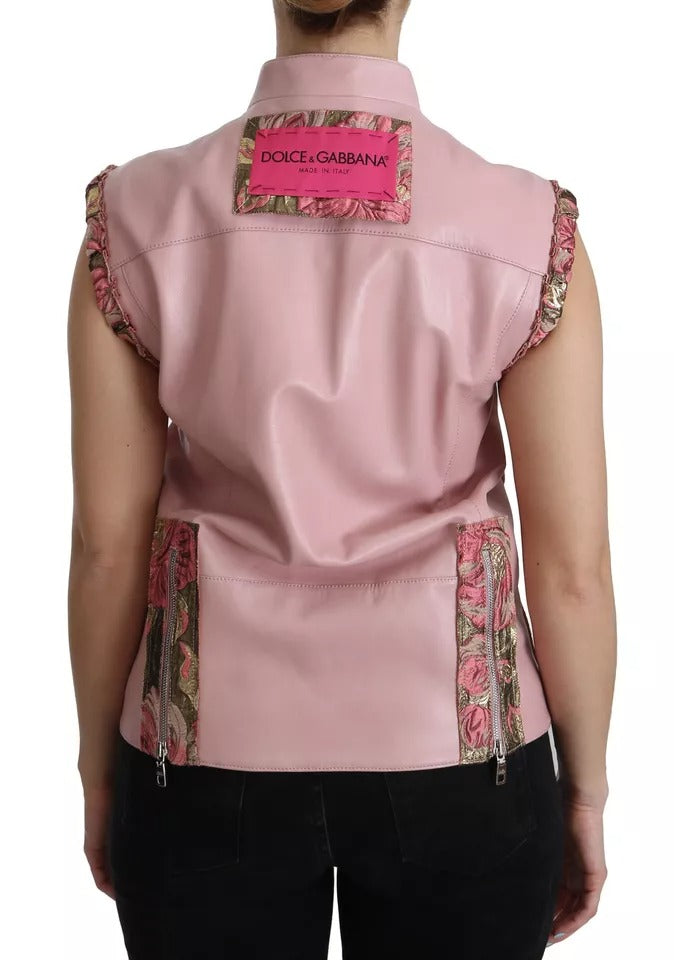 Indulge in the exquisite allure of the Dolce & Gabbana Pink Leather Sleeveless Vest Jacket, a timeless masterpiece crafted from luxurious lamb leather, embodying sophistication and elegance for the discerning individual.
