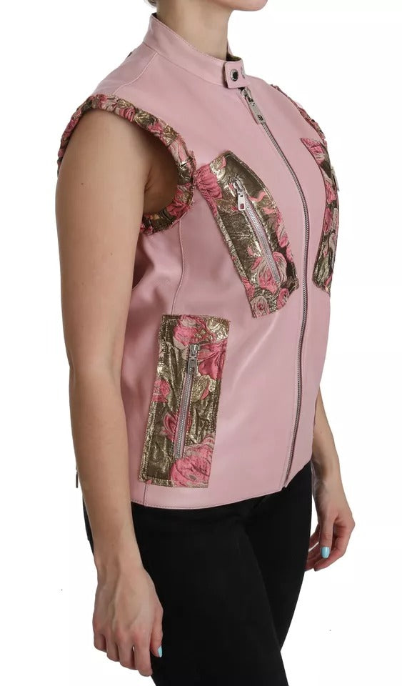 Indulge in the exquisite allure of the Dolce & Gabbana Pink Leather Sleeveless Vest Jacket, crafted from luxurious lamb leather, embodying timeless elegance and sophisticated style.