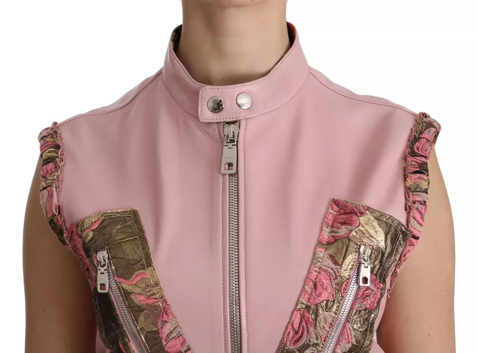 Indulge in the exquisite Dolce & Gabbana Pink Leather Sleeveless Vest Jacket, a timeless haute couture piece crafted from luxurious lamb leather, embodying elegance and sophistication.