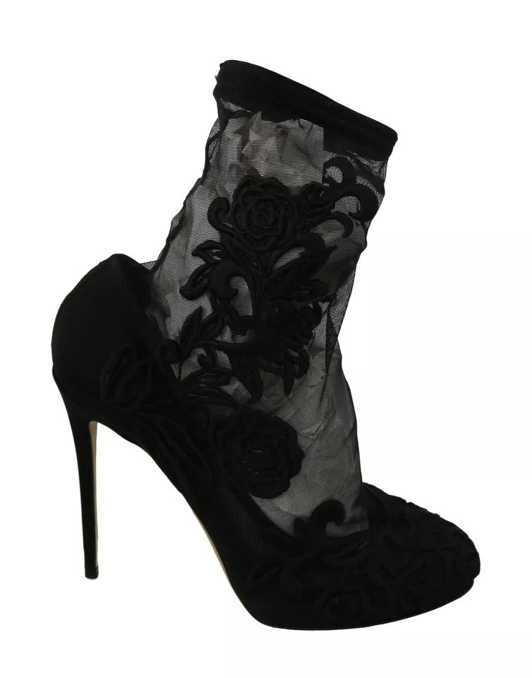 Elevate your style with the Dolce & Gabbana Black Tulle Stretch Floral Booties, where exquisite craftsmanship meets sensual elegance, perfect for any sophisticated occasion.