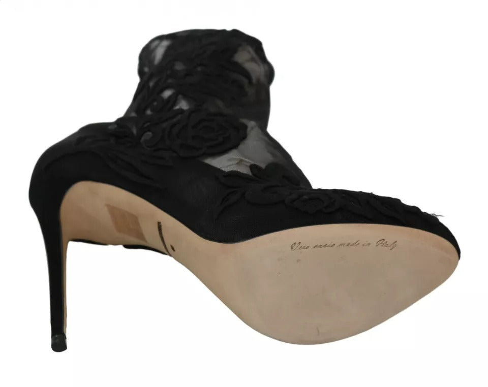Indulge in the allure of Dolce & Gabbana Black Tulle Stretch Floral Booties, where exquisite craftsmanship meets sensual elegance, perfect for the discerning connoisseur.