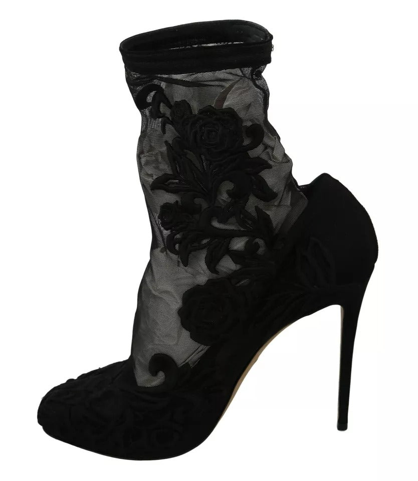 Elevate your style with Dolce & Gabbana's Black Tulle Stretch Floral Booties, where exquisite craftsmanship meets sensual elegance, perfect for the modern muse.