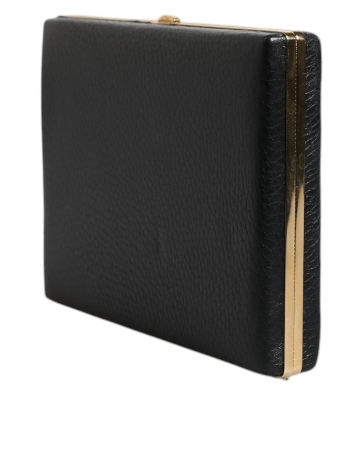 Indulge in the exquisite Dolce & Gabbana Black Leather Gold Frame Clutch, a masterpiece of Italian craftsmanship that elevates your evening elegance and sophistication.