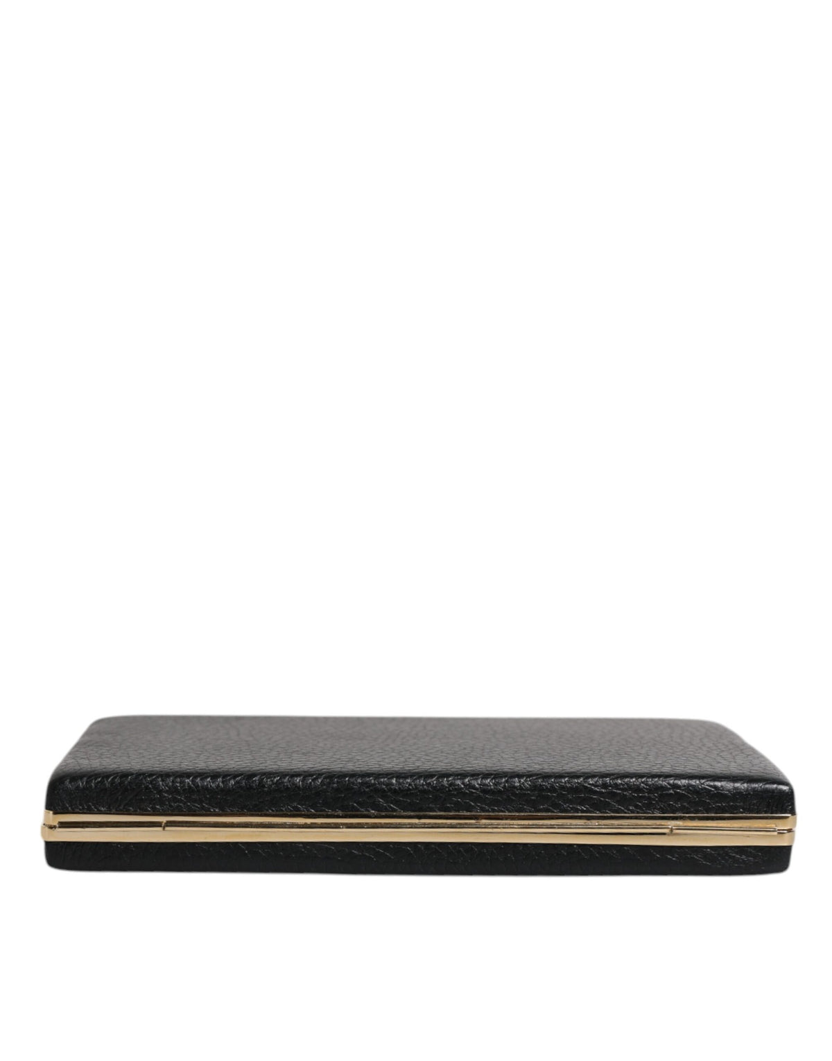 Indulge in the exquisite artistry of the Dolce & Gabbana Black Leather Gold Frame Clutch, a timeless accessory that embodies luxury and sophistication for any soirée.