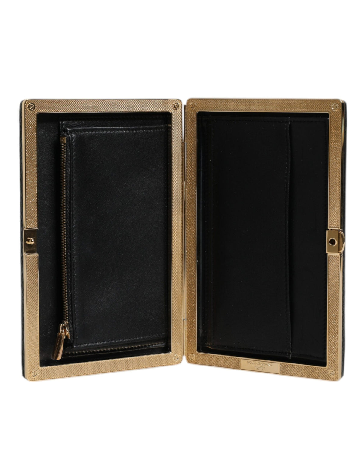 Indulge in the exquisite Dolce & Gabbana Black Leather Gold Frame Clutch, a masterpiece of Italian craftsmanship that elevates your evening elegance with timeless allure.