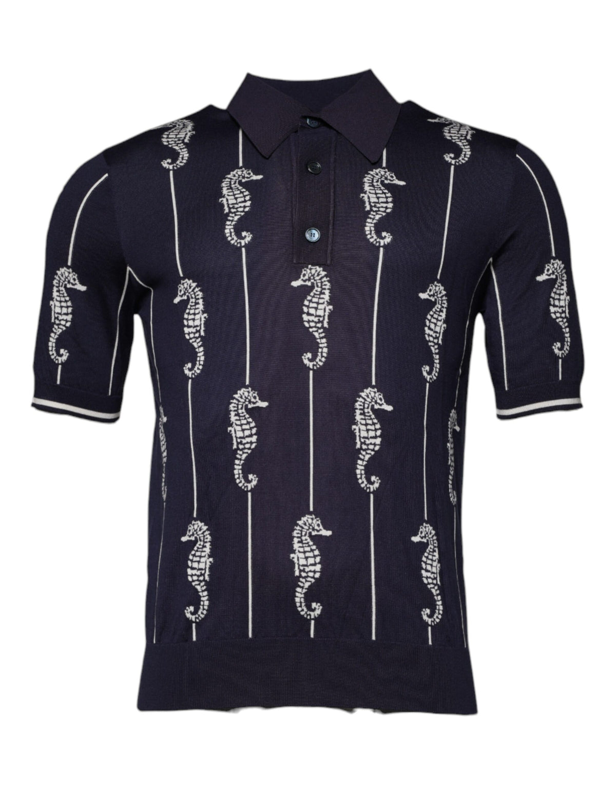 Indulge in the luxurious Dolce & Gabbana Dark Blue Sea Horse Collared Polo T-shirt, a silk masterpiece that redefines sophistication and elevates your wardrobe.