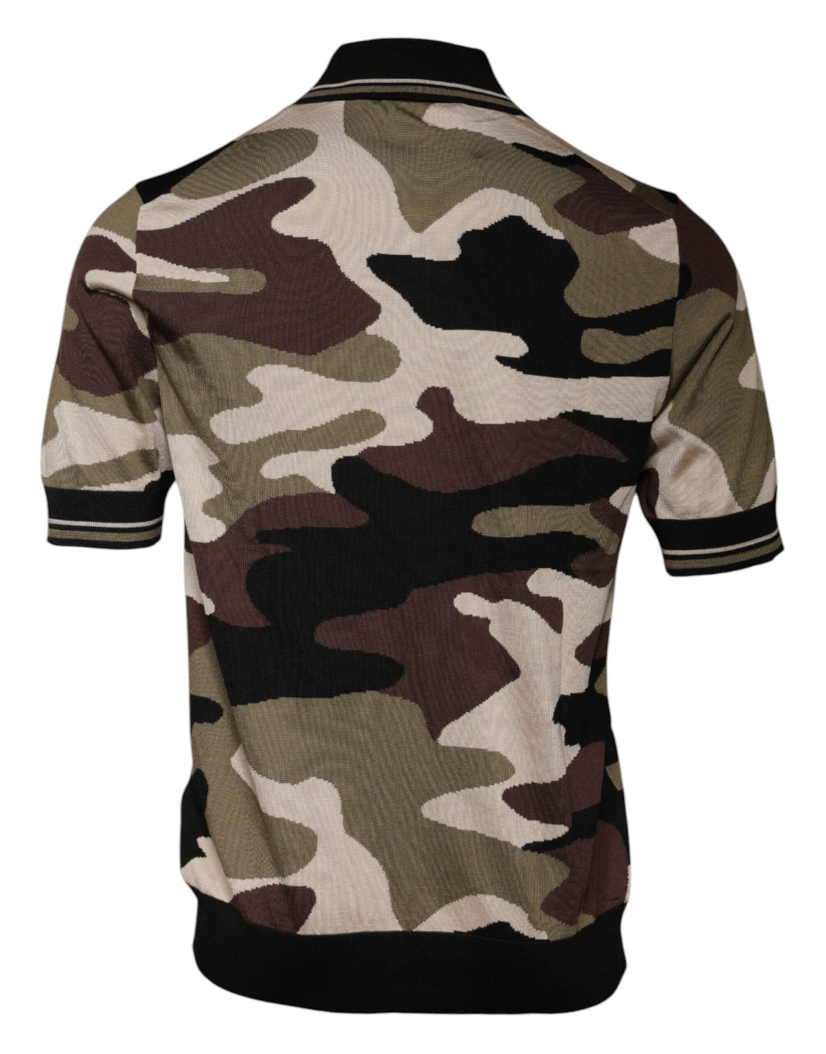 Experience the bold elegance of the Dolce & Gabbana Multicolor Camouflage Collared Polo T-shirt, crafted from luxurious silk for a statement of refined sophistication.