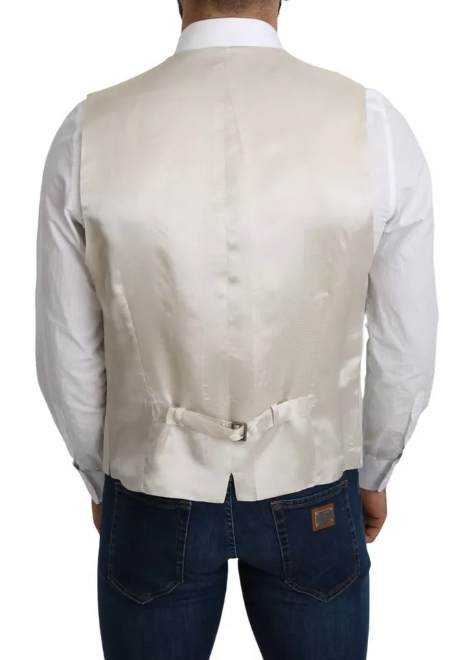 Discover the Dolce & Gabbana Off-White Cotton Silk Formal Coat Vest, a luxurious blend of 98% wool and 2% elastane, embodying timeless elegance and impeccable Italian craftsmanship for sophisticated occasions.