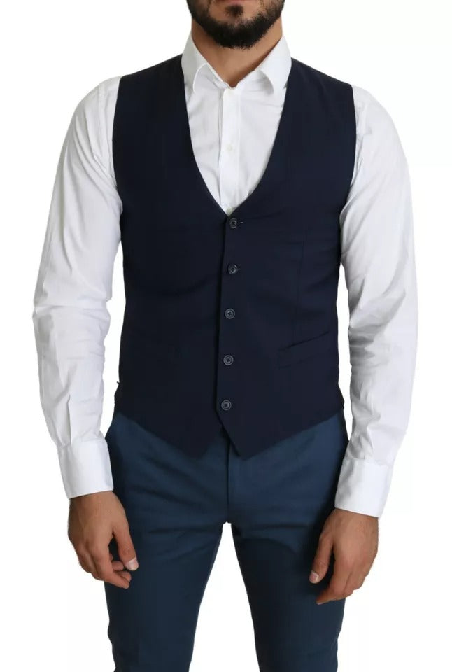 Elevate your elegance with the Dolce & Gabbana Navy Blue Waistcoat, a masterpiece of refined cotton craftsmanship, perfect for distinguished occasions and timeless sophistication.