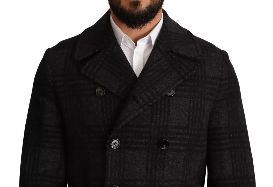 Dolce & Gabbana Black Trench Coat Check Wool Jacket Couture