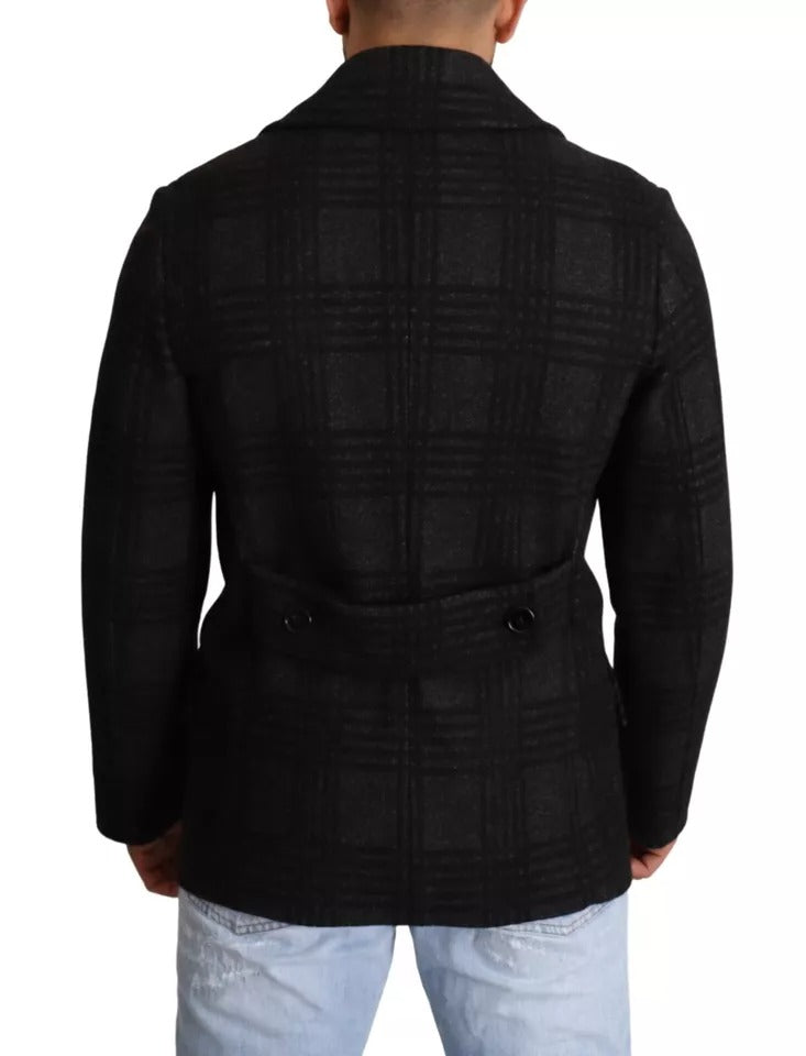 Dolce & Gabbana Black Trench Coat Check Wool Jacket Couture