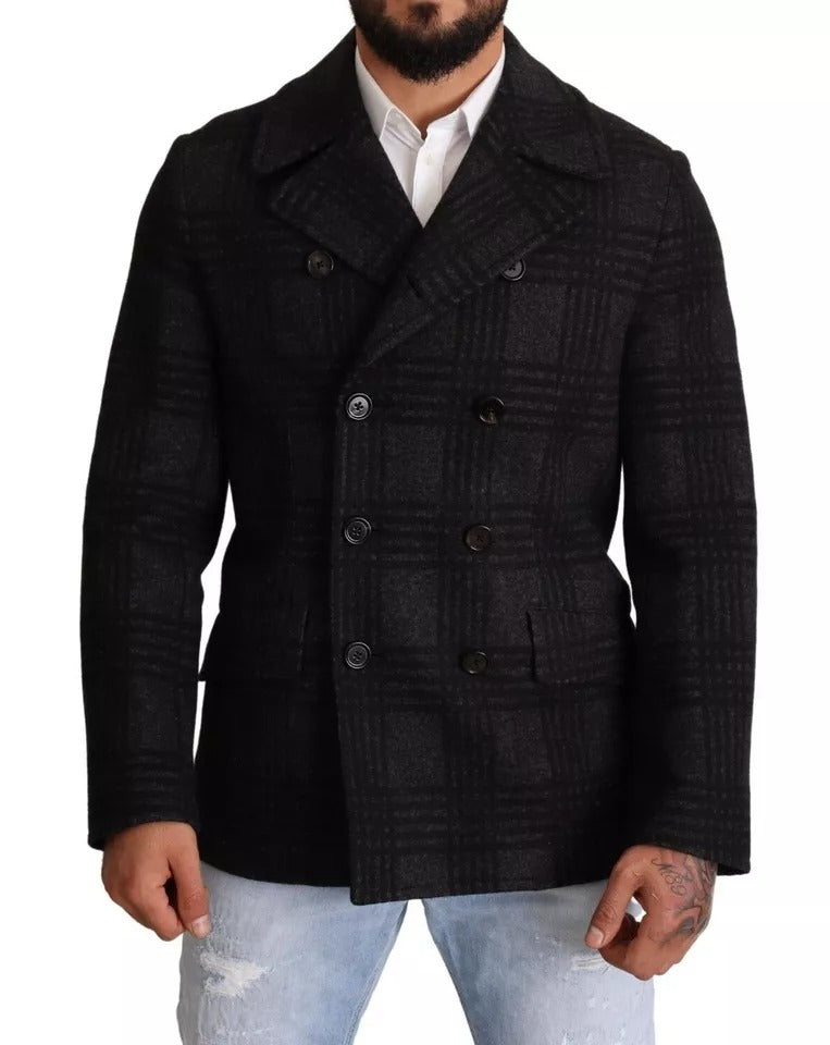 Dolce & Gabbana Black Trench Coat Check Wool Jacket Couture