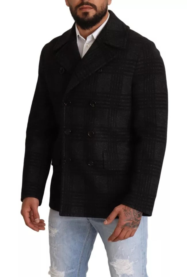 Dolce & Gabbana Black Trench Coat Check Wool Jacket Couture