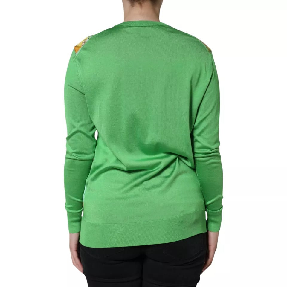 Indulge in the exquisite Dolce & Gabbana Green Silk Granita Al Limone Long Sleeves Sweater, a masterpiece of Italian craftsmanship that elevates your style with luxurious elegance.