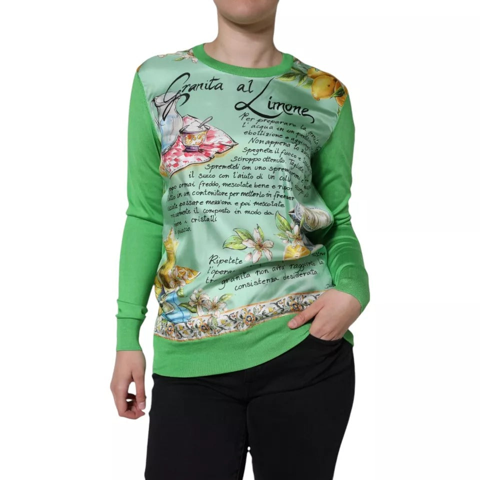 Indulge in the exquisite Dolce & Gabbana Green Silk Granita Al Limone Long Sleeves Sweater, a masterpiece of Italian craftsmanship that elevates your style with luxurious silk and artistic flair.