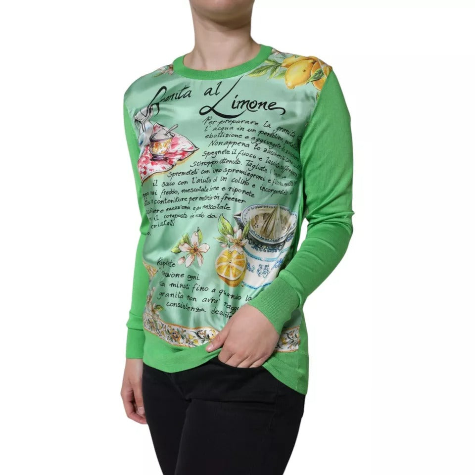 Indulge in the exquisite Dolce & Gabbana Green Silk Granita Al Limone Long Sleeves Sweater, a luxurious blend of artistry and Italian craftsmanship, perfect for the discerning fashion connoisseur.