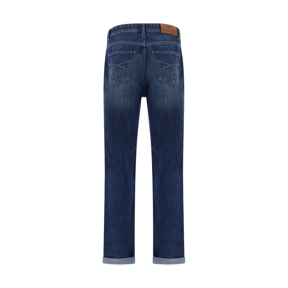 Experience unparalleled elegance with Brunello Cucinelli Blue Cotton Straight-Leg Jeans, crafted from 100% cotton for a luxurious fit that embodies sophistication and timeless style.