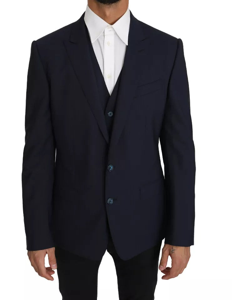 Indulge in the exquisite Dolce & Gabbana Blue Wool MARTINI Blazer Vest 2 Piece, where luxurious craftsmanship meets timeless elegance, perfect for the discerning individual.