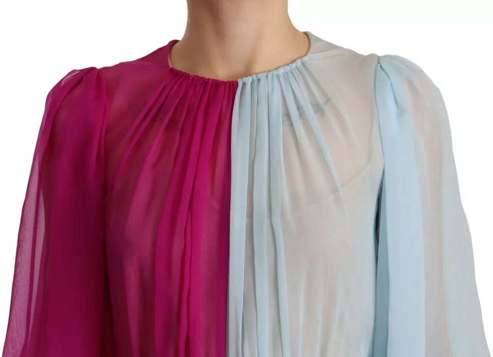 Indulge in the exquisite allure of the Dolce & Gabbana Fuchsia Light Blue Silk Two Tone Midi Dress, a masterpiece of Italian craftsmanship that embodies elegance and sophistication for every upscale occasion.