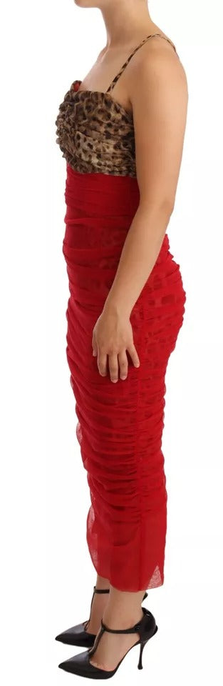 Experience the allure of the Dolce & Gabbana Brown Leopard Red Tulle Sheath Midi Dress, a limited edition masterpiece that embodies exquisite Italian craftsmanship and sensual elegance.