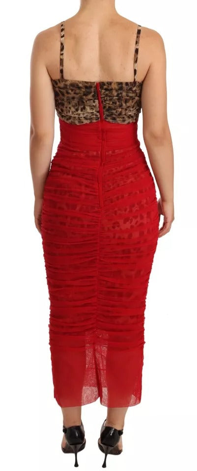 Discover the exquisite Dolce & Gabbana Brown Leopard Red Tulle Sheath Midi Dress, a limited edition masterpiece crafted in Italy, embodying sensual elegance and timeless allure.
