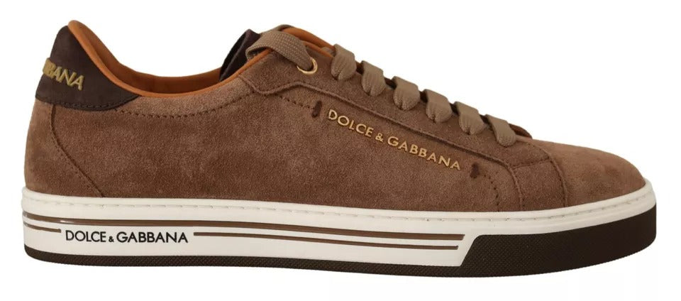 Elevate your style with Dolce & Gabbana's Brown Suede Logo Low Top Sneakers, where exquisite Italian craftsmanship meets timeless luxury for the discerning individual.