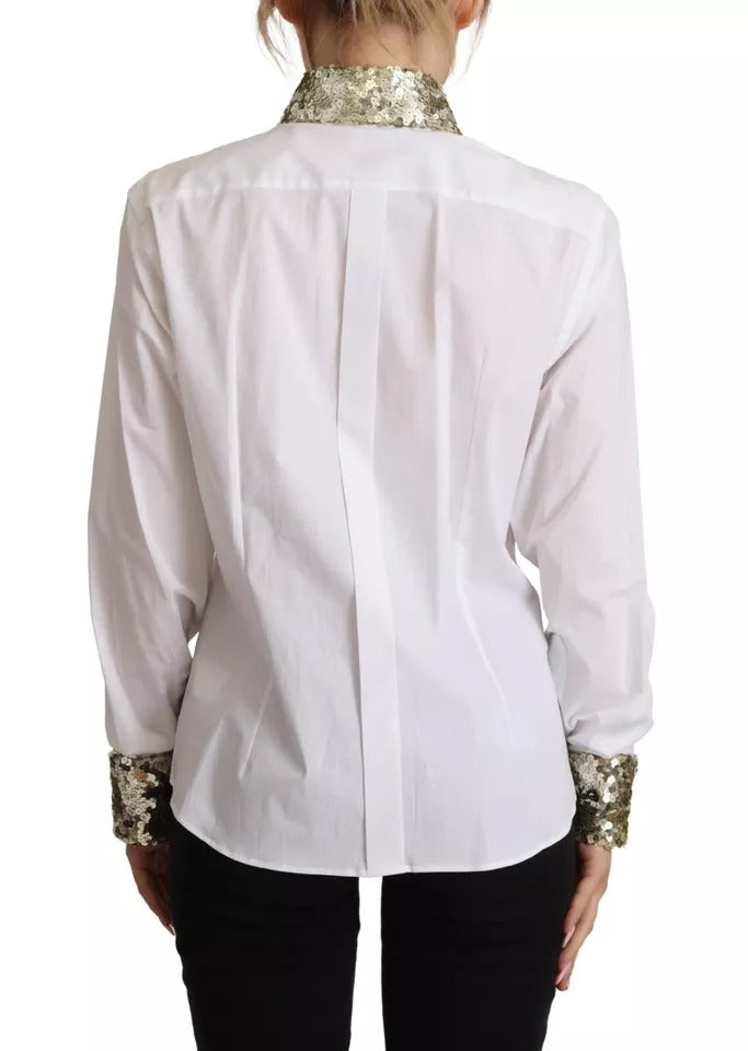 Elevate your elegance with the Dolce & Gabbana White Cotton Collared Long Sleeves Sequin Top Shirt, a masterpiece of Italian craftsmanship that embodies luxurious sophistication.