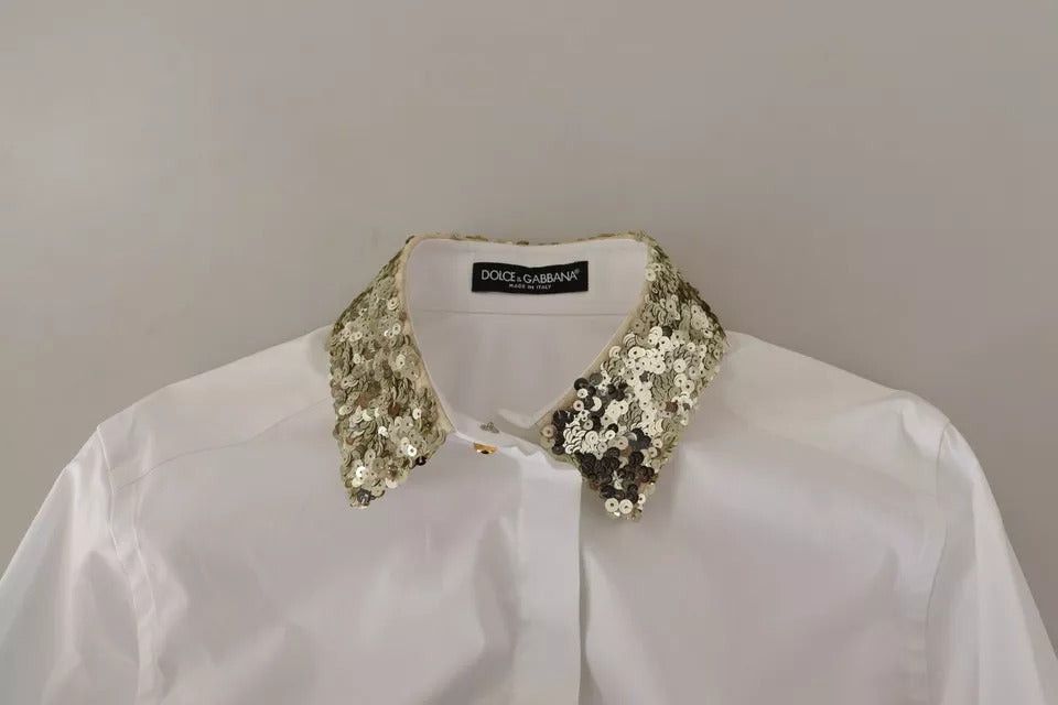 Elevate your elegance with the Dolce & Gabbana White Cotton Collared Long Sleeves Sequin Top Shirt, a masterpiece of Italian craftsmanship that embodies luxurious sophistication.