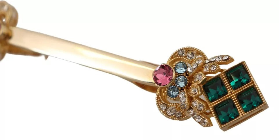 Elevate your elegance with the Dolce & Gabbana Gold Plated 925 Sterling Silver Crystal Collar Stop Brooch, a masterpiece of Italian craftsmanship adorned with radiant multicolor crystals.