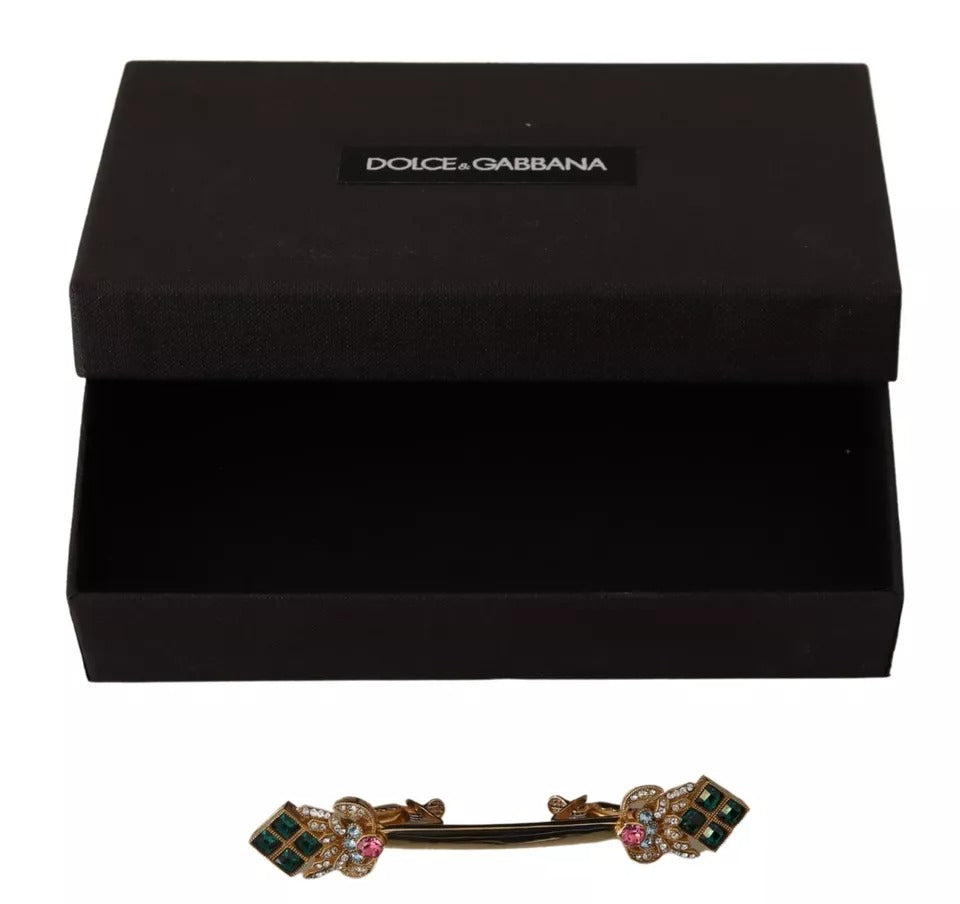 Elevate your elegance with the Dolce & Gabbana Gold Plated 925 Sterling Silver Crystal Collar Stop Brooch, a masterpiece of Italian craftsmanship adorned with multicolor crystals, perfect for expressing your unique style.