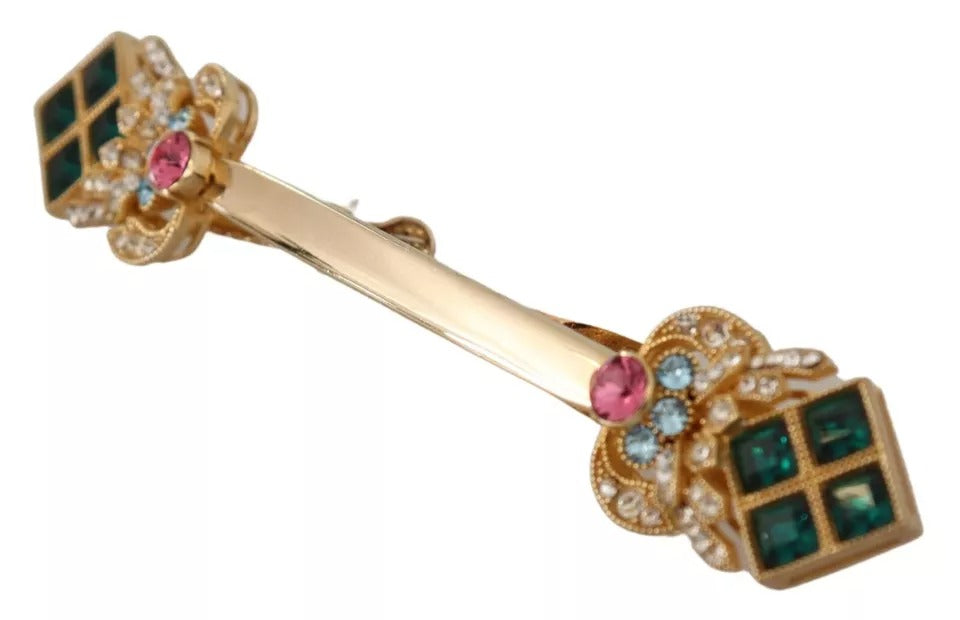 Elevate your elegance with the Dolce & Gabbana Gold Plated 925 Sterling Silver Crystal Collar Stop Brooch, a masterpiece of Italian craftsmanship that embodies luxury and individuality.
